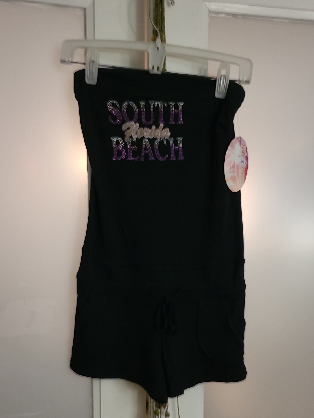surf style Black Strapless Romper with 'South Beach' Rhinestone Logo